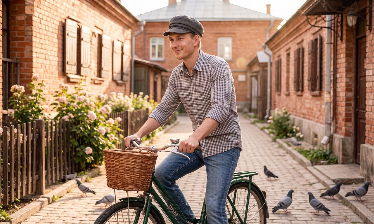 «Паренёк в картузе едет на велосипеде»